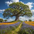A field of vibrant wildflowers bursting into bloom, stretching as far as the eye can see. A solitary, ancient oak tree stands sentinel, its gnarled branches reaching out like protective arms.