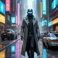 A cyberpunk street scene, holographic projections of advertisements flicker on buildings, robotic police patrol the streets, a lone figure in a trench coat walks down the sidewalk, their face obscured by a glowing mask, a flying car zooms overhead.