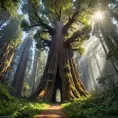 A towering, ancient redwood forest, where the massive trees form a cathedral-like canopy, and shafts of sunlight pierce through the dense foliage.