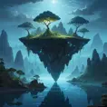 A surreal, otherworldly landscape with floating islands of rock and vegetation, suspended in a misty, twilight sky, with bioluminescent plants glowing softly.