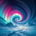 A swirling vortex of vibrant colors, representing the aurora borealis dancing across a frozen, arctic landscape. Stars twinkle in the night sky, casting a magical light on the scene.