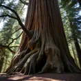 A massive, ancient sequoia tree, its bark deeply furrowed and textured. Sunlight filters through its canopy, illuminating a carpet of fallen needles on the forest floor.