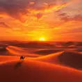 A vast, serene desert landscape at sunset, with towering sand dunes casting long shadows and a lone camel caravan silhouetted against the vibrant orange and purple sky.