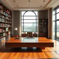 A spacious, open-plan office with a large, floating desk made of polished wood, a comfortable leather armchair, and a wall of bookshelves filled with colorful books. A large window provides natural light and a view of a city park.