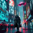 A cyberpunk street scene, holographic projections of advertisements flicker on buildings, robotic police patrol the streets, a lone figure in a trench coat walks down the sidewalk, their face obscured by a glowing mask, a flying car zooms overhead.