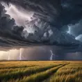 A vast, open prairie under a dramatic thunderstorm, with lightning bolts illuminating the dark clouds and the tall grass swaying in the strong winds.
