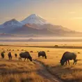 A panoramic view of a vast, golden savannah at dawn, with herds of wildlife grazing and a distant, snow-capped mountain range on the horizon.