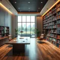 A spacious, open-plan office with a large, floating desk made of polished wood, a comfortable leather armchair, and a wall of bookshelves filled with colorful books. A large window provides natural light and a view of a city park.