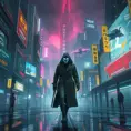 A towering, neon-drenched cyberpunk city, with holographic billboards advertising illicit services and flying vehicles weaving through the smog-filled sky. In the foreground, a lone figure in a trench coat walks down a rain-slicked street, their face obscured by a glowing cybernetic mask.