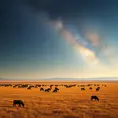 A vast, open savanna under a vast, star-filled sky, with herds of grazing animals silhouetted against the horizon, and the Milky Way stretching across the heavens.