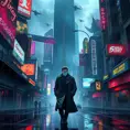 A towering, neon-drenched cyberpunk city, with holographic billboards advertising illicit services and flying vehicles weaving through the smog-filled sky. In the foreground, a lone figure in a trench coat walks down a rain-slicked street, their face obscured by a glowing cybernetic mask.