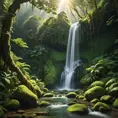 A cascading waterfall surrounded by lush, emerald-green rainforest, with sunlight filtering through the dense canopy, casting dappled shadows on the moss-covered rocks below.