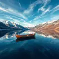 A serene lake nestled within a ring of snow-capped mountains, reflecting the azure sky and wispy clouds. A wooden canoe glides across the glassy surface, leaving a gentle ripple in its wake.