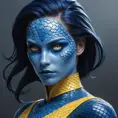 Mystique shifting into form, blue scales transforming into smooth skin, piercing yellow eyes, a hint of mischief, dynamic pose, dramatic lighting, photorealistic