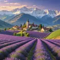 Rolling hills blanketed in lavender fields stretching towards a picturesque village nestled at the foot of snow-capped mountains, soft light, painterly style, calming atmosphere
