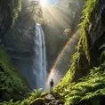 A majestic waterfall cascading down a sheer cliff face, sunlight illuminating the mist, creating a rainbow. Lush ferns and moss adorn the rocks, with a lone hiker silhouetted against the spray.