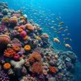 A vibrant, colorful coral reef teeming with marine life, including schools of fish, sea turtles, and vibrant anemones, all set against the deep blue ocean.