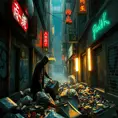 A decaying cyberpunk alleyway, graffiti-covered walls illuminated by flickering neon signs, a lone figure in a hooded cloak sifting through trash, the air thick with the smell of ozone and decay.