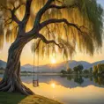 A lone swing hangs from a gnarled willow tree beside a shimmering lake, the setting sun casting golden rays across the water. (Tranquil, serene, peaceful, calming)