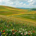 A rolling meadow carpeted with a patchwork of wildflowers in every hue imaginable, with a gentle breeze causing the field to ripple like a living tapestry.