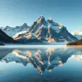 A serene alpine lake reflecting the towering, snow-capped peaks of the surrounding mountains, with a gentle mist hovering over the water's surface.
