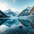 A serene alpine lake reflecting the towering, snow-capped peaks of the surrounding mountains, with a gentle mist hovering over the water's surface.