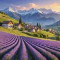 Rolling hills blanketed in lavender fields stretching towards a picturesque village nestled at the foot of snow-capped mountains, soft light, painterly style, calming atmosphere