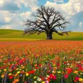 A field of vibrant wildflowers bursting into bloom, stretching as far as the eye can see. A solitary, ancient oak tree stands sentinel, its gnarled branches reaching out like protective arms.