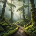 A mystical forest bathed in mist, ancient trees adorned with glowing moss, a path winding its way through the ethereal landscape, dappled sunlight, magical realism