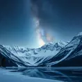 A snow-covered mountain range under a clear, starry night sky, with the Milky Way visible in the background and a frozen lake reflecting the celestial beauty.