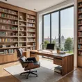 A spacious, open-plan office with a large, floating desk made of polished wood, a comfortable leather armchair, and a wall of bookshelves filled with colorful books. A large window provides natural light and a view of a city park.