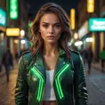 Rogue in a leather jacket, glowing green hands, defiant expression, rebellious attitude, urban setting, street art style, vibrant colors, cinematic lighting