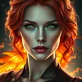 Portrait of Jean Grey, fiery red hair, emerald green eyes, powerful, elegant, phoenix fire in the background, intricate details, sharp focus, 8k