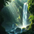 A cascading waterfall surrounded by lush, emerald-green rainforest, with rays of sunlight piercing through the dense canopy, creating a magical, ethereal glow.