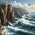 A rugged coastline with towering cliffs carved by the relentless ocean waves, where seabirds soar overhead and a lighthouse stands as a beacon of hope.