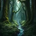 A dense, ancient forest with towering, moss-covered trees, a carpet of ferns, and a hidden, crystal-clear stream winding through the undergrowth.
