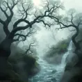 A mystical, fog-covered valley with ancient, twisted trees and a hidden, sparkling river that winds through the mist, revealing hidden waterfalls.