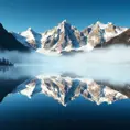 A serene alpine lake reflecting the towering, snow-capped peaks of the surrounding mountains, with a gentle mist hovering over the water's surface.
