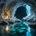 A hidden grotto bathed in ethereal moonlight, with crystal clear water flowing over smooth, white stones. Bioluminescent creatures illuminate the cave walls, casting an otherworldly glow.