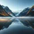 A serene alpine lake reflecting the towering, snow-capped peaks of the surrounding mountains, with a gentle mist hovering over the water's surface.