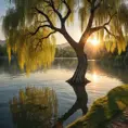 A lone swing hangs from a gnarled willow tree beside a shimmering lake, the setting sun casting golden rays across the water. (Tranquil, serene, peaceful, calming)