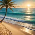A tranquil beach at sunset, with golden sand meeting the turquoise ocean. Palm trees sway gently in the warm breeze, casting long shadows across the shore.