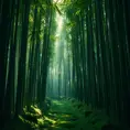 Deep within a bamboo forest, sunlight filters through the leaves, illuminating a moss-covered path. (Zen, meditation, green, ethereal)