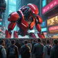 A bustling cyberpunk market, overflowing with vendors selling strange gadgets and bio-engineered goods. In the background, a holographic projection of a monstrous cybernetic creature looms over the crowd, its eyes glowing red.