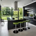 A futuristic kitchen with sleek, black cabinetry, stainless steel appliances, and a large island featuring a built-in induction cooktop and a breakfast bar with high-backed stools. A wall of windows overlooks a verdant garden.