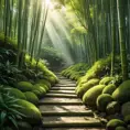 Deep within a bamboo forest, sunlight filters through the leaves, illuminating a moss-covered path. (Zen, meditation, green, ethereal)