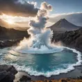 A bubbling geyser erupting in a dramatic display of steam and water, set against a backdrop of a rugged, volcanic landscape.