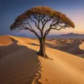 A vast, golden desert under a twilight sky, with dunes stretching endlessly, and a lone, ancient tree standing as a sentinel against the encroaching sands.