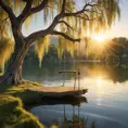 A lone swing hangs from a gnarled willow tree beside a shimmering lake, the setting sun casting golden rays across the water. (Tranquil, serene, peaceful, calming)
