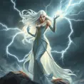 Storm commanding the weather, lightning crackling around her, eyes glowing white, flowing white hair, powerful stance, epic scale, dramatic sky, fantasy art style